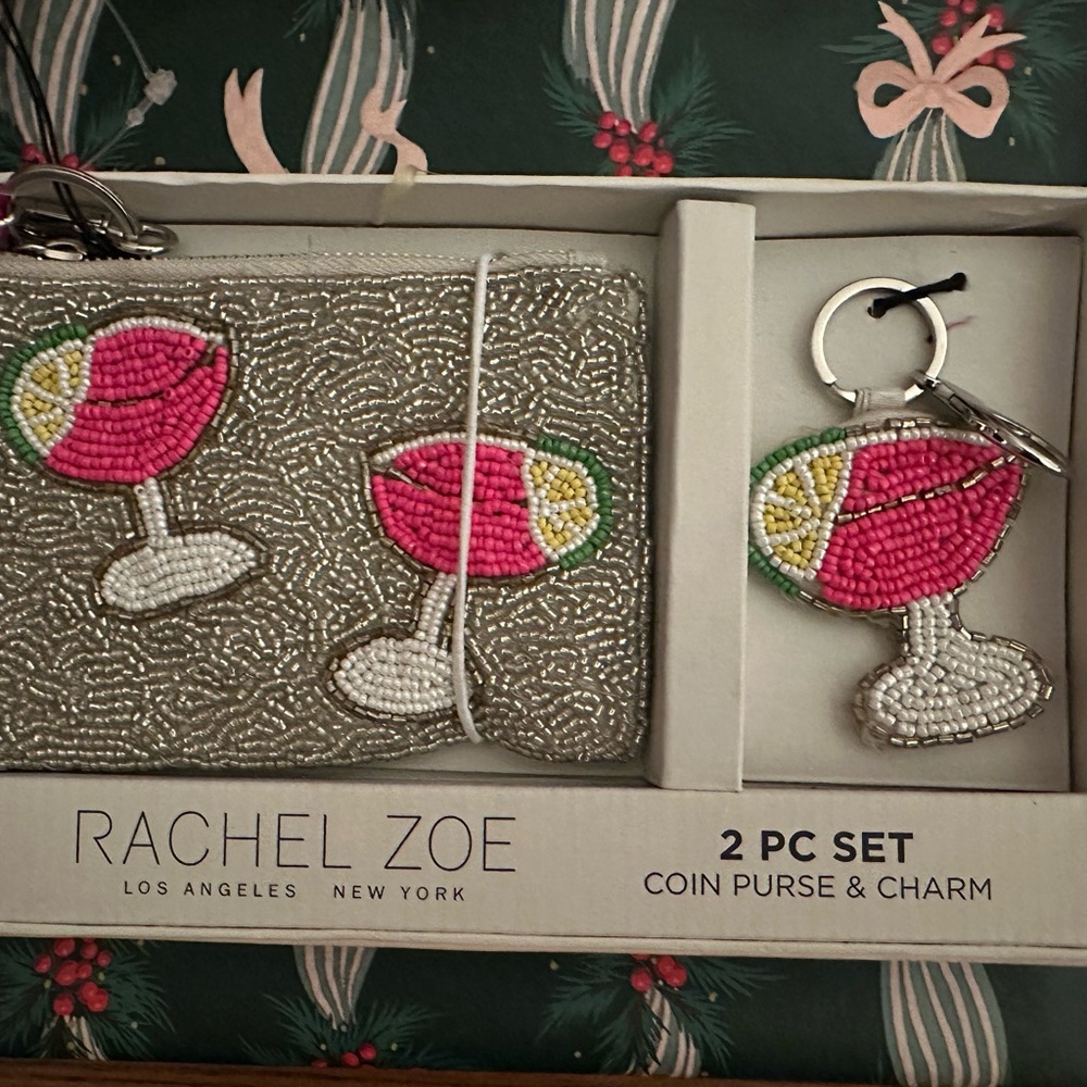 Rachel Zoe Silver Beaded Coin Purse & Pink Lime Cocktail Charm Set